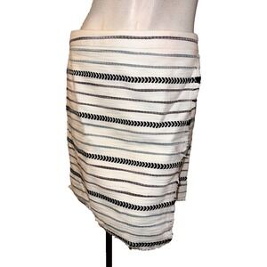 LOFT Petites Women 6P Ivory Black Blue Striped Faux Wrap Fringe Skirt 6 Petite